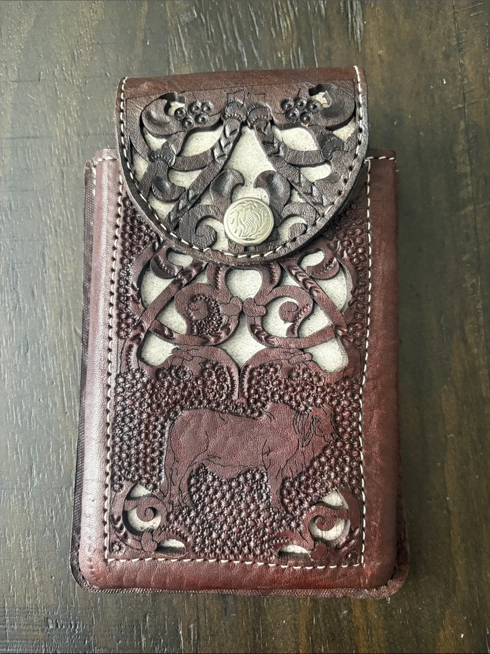 Handcrafted Tooled Leather Phone Sleeve in Rich Brown